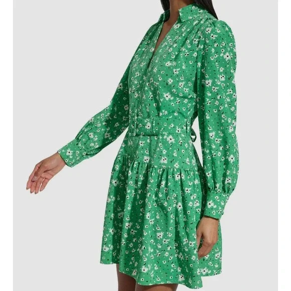 Karl Lagerfeld Paris Size-4 Green Floral Shirt Dress Long Sleeve Ruffle Zip - Picture 2 of 16